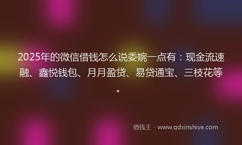 2025年的微信借钱怎么说委婉一点有：现金流速融、鑫悦钱包、月月盈贷、易贷通宝、三枝花等。