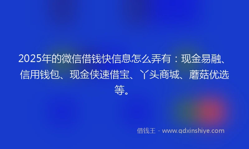 2025年的微信借钱快信息怎么弄有：现金易融、信用钱包、现金侠速借宝、丫头商城、蘑菇优选等。
