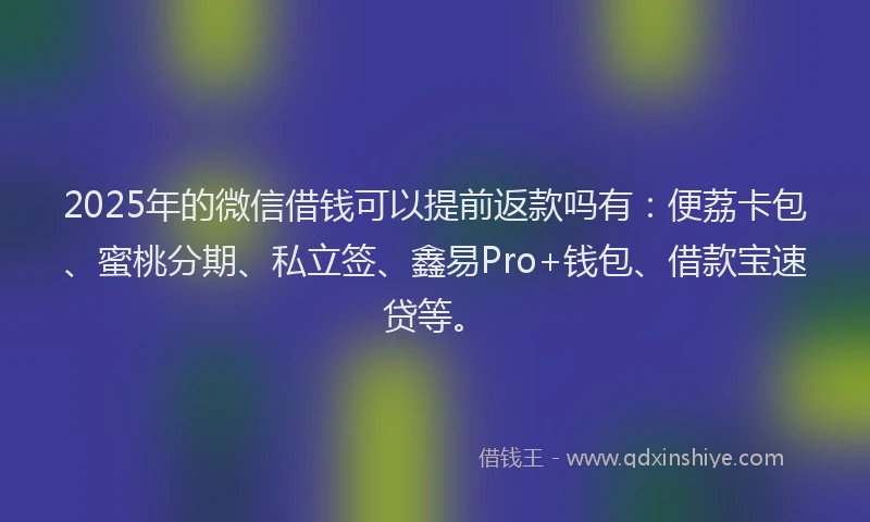 2025年的微信借钱可以提前返款吗有：便荔卡包、蜜桃分期、私立签、鑫易Pro+钱包、借款宝速贷等。
