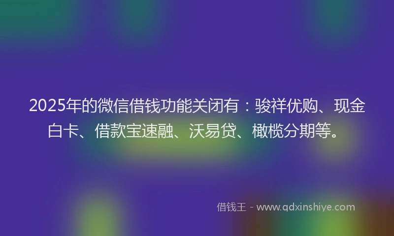 2025年的微信借钱功能关闭有：骏祥优购、现金白卡、借款宝速融、沃易贷、橄榄分期等。