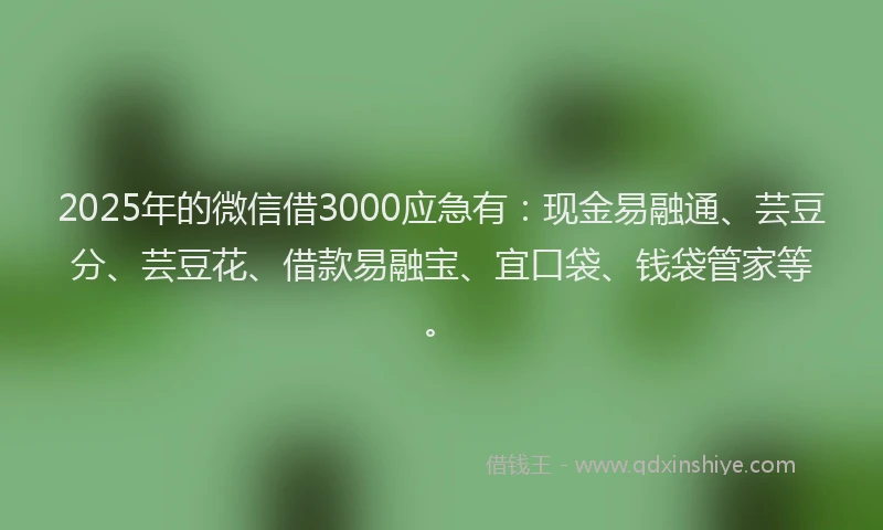 2025年的微信借3000应急有：现金易融通、芸豆分、芸豆花、借款易融宝、宜口袋、钱袋管家等。