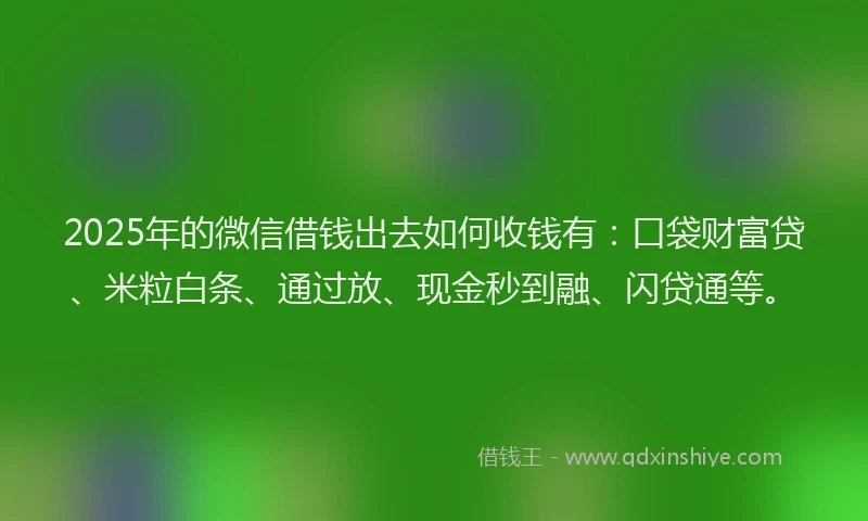 2025年的微信借钱出去如何收钱有：口袋财富贷、米粒白条、通过放、现金秒到融、闪贷通等。