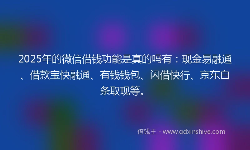 2025年的微信借钱功能是真的吗有：现金易融通、借款宝快融通、有钱钱包、闪借快行、京东白条取现等。