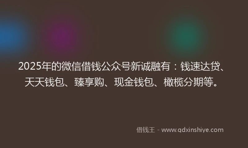 2025年的微信借钱公众号新诚融有：钱速达贷、天天钱包、臻享购、现金钱包、橄榄分期等。