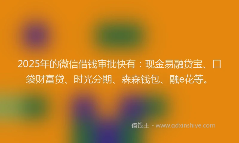 2025年的微信借钱审批快有：现金易融贷宝、口袋财富贷、时光分期、森森钱包、融e花等。