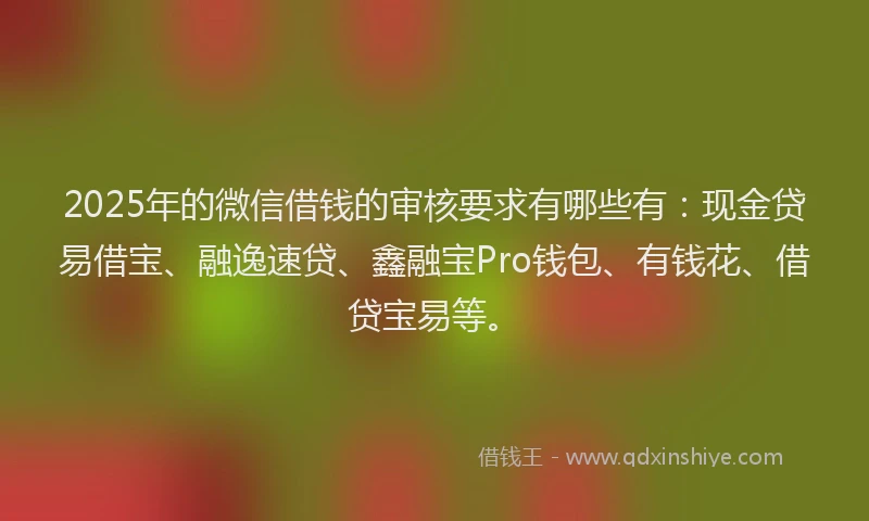 2025年的微信借钱的审核要求有哪些有：现金贷易借宝、融逸速贷、鑫融宝Pro钱包、有钱花、借贷宝易等。