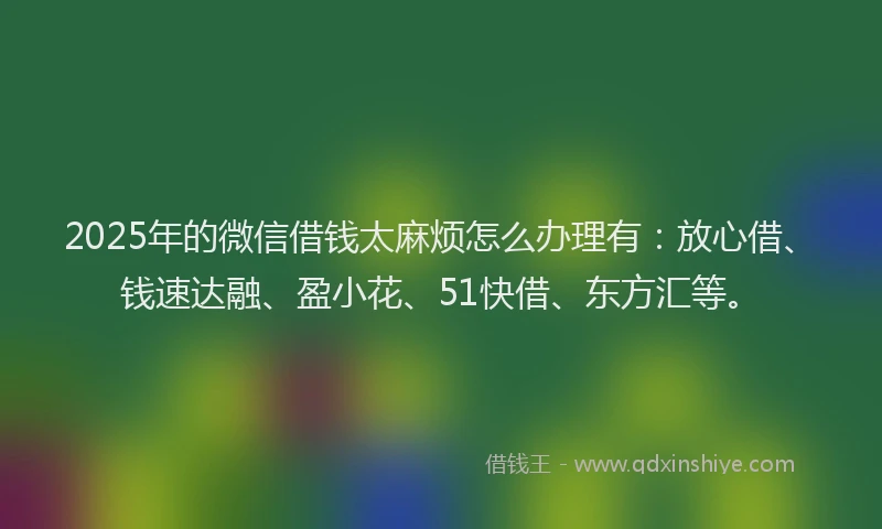2025年的微信借钱太麻烦怎么办理有：放心借、钱速达融、盈小花、51快借、东方汇等。