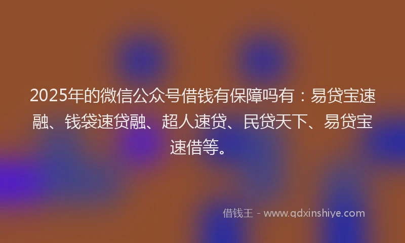 2025年的微信公众号借钱有保障吗有：易贷宝速融、钱袋速贷融、超人速贷、民贷天下、易贷宝速借等。