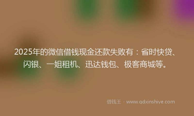 2025年的微信借钱现金还款失败有：省时快贷、闪银、一姐租机、迅达钱包、极客商城等。