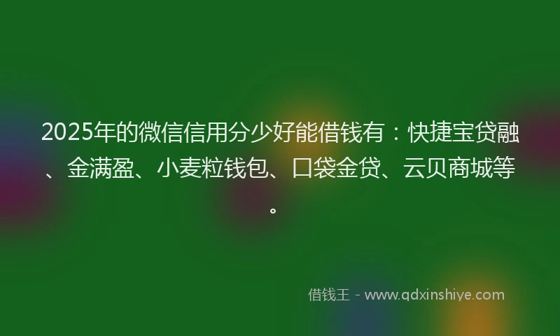 2025年的微信信用分少好能借钱有：快捷宝贷融、金满盈、小麦粒钱包、口袋金贷、云贝商城等。