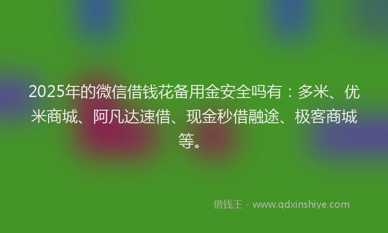 2025年的微信借钱花备用金安全吗有：多米、优米商城、阿凡达速借、现金秒借融途、极客商城等。