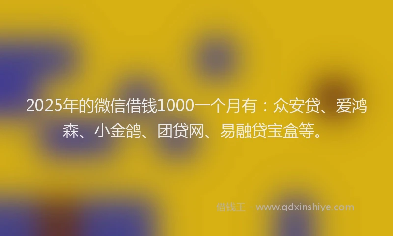 2025年的微信借钱1000一个月有：众安贷、爱鸿森、小金鸽、团贷网、易融贷宝盒等。