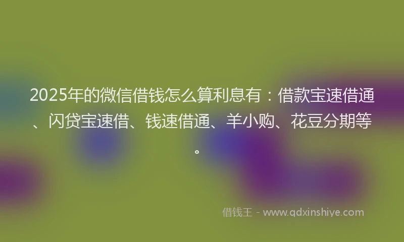 2025年的微信借钱怎么算利息有：借款宝速借通、闪贷宝速借、钱速借通、羊小购、花豆分期等。
