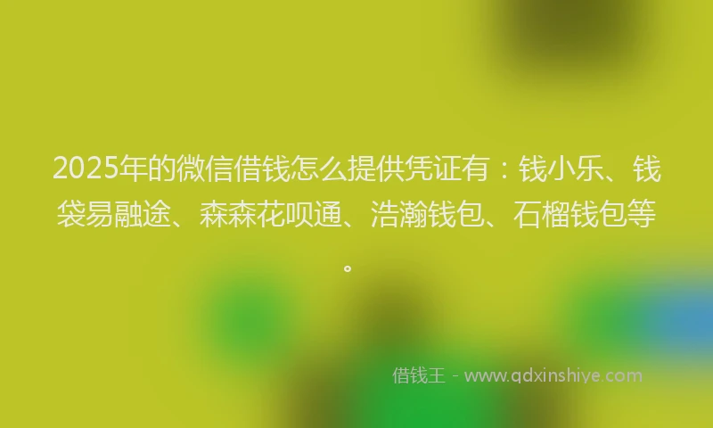 2025年的微信借钱怎么提供凭证有：钱小乐、钱袋易融途、森森花呗通、浩瀚钱包、石榴钱包等。