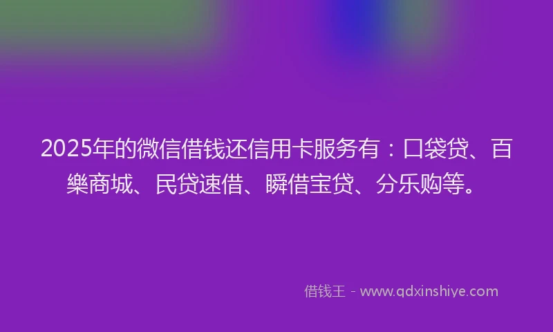 2025年的微信借钱还信用卡服务有：口袋贷、百樂商城、民贷速借、瞬借宝贷、分乐购等。