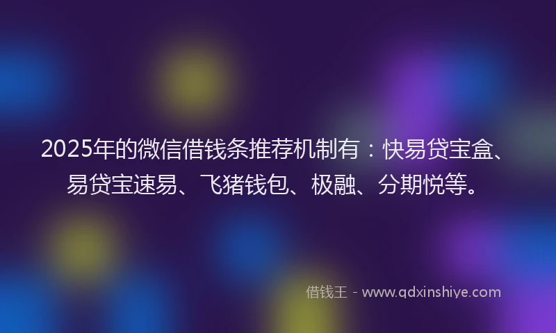 2025年的微信借钱条推荐机制有：快易贷宝盒、易贷宝速易、飞猪钱包、极融、分期悦等。