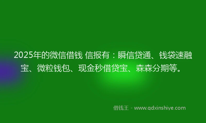 2025年的微信借钱 信报有：瞬信贷通、钱袋速融宝、微粒钱包、现金秒借贷宝、森森分期等。