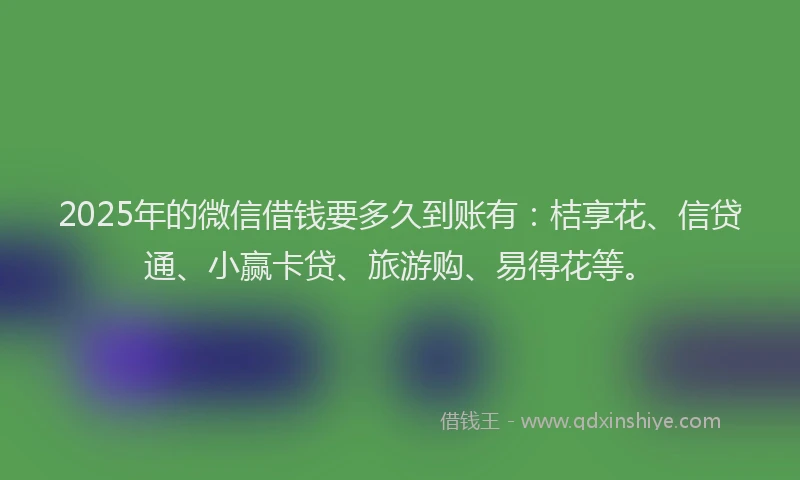 2025年的微信借钱要多久到账有：桔享花、信贷通、小赢卡贷、旅游购、易得花等。
