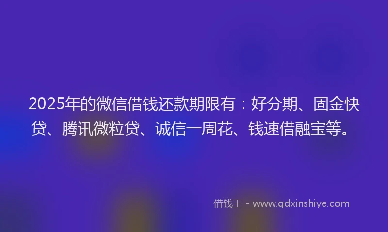 2025年的微信借钱还款期限有：好分期、固金快贷、腾讯微粒贷、诚信一周花、钱速借融宝等。