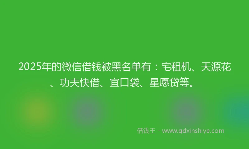 2025年的微信借钱被黑名单有：宅租机、天源花、功夫快借、宜口袋、星愿贷等。