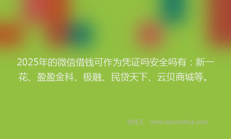2025年的微信借钱可作为凭证吗安全吗有：新一花、盈盈金科、极融、民贷天下、云贝商城等。