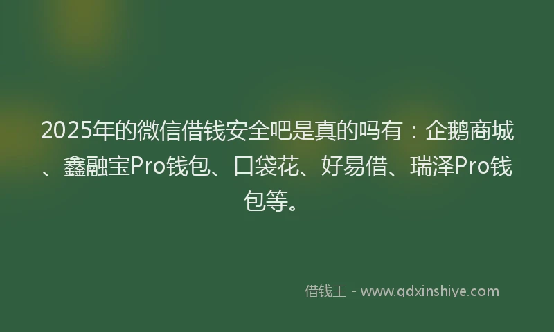 2025年的微信借钱安全吧是真的吗有：企鹅商城、鑫融宝Pro钱包、口袋花、好易借、瑞泽Pro钱包等。
