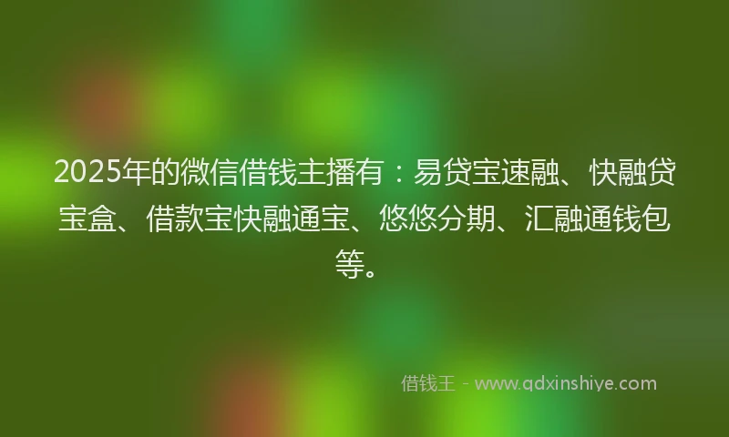 2025年的微信借钱主播有：易贷宝速融、快融贷宝盒、借款宝快融通宝、悠悠分期、汇融通钱包等。