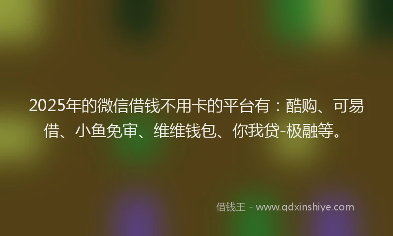 2025年的微信借钱不用卡的平台有：酷购、可易借、小鱼免审、维维钱包、你我贷-极融等。
