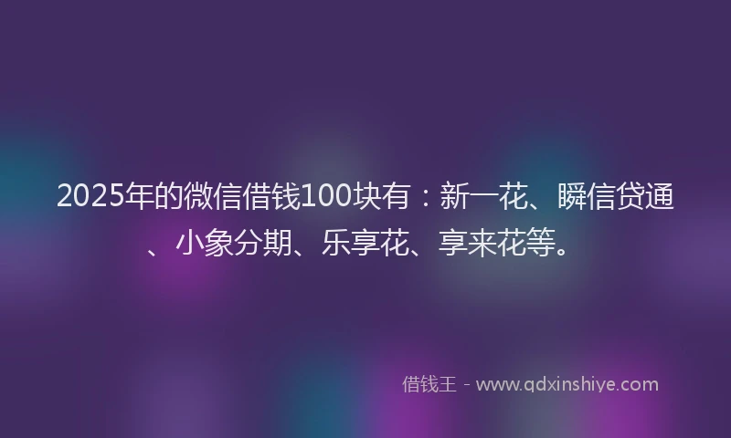 2025年的微信借钱100块有：新一花、瞬信贷通、小象分期、乐享花、享来花等。