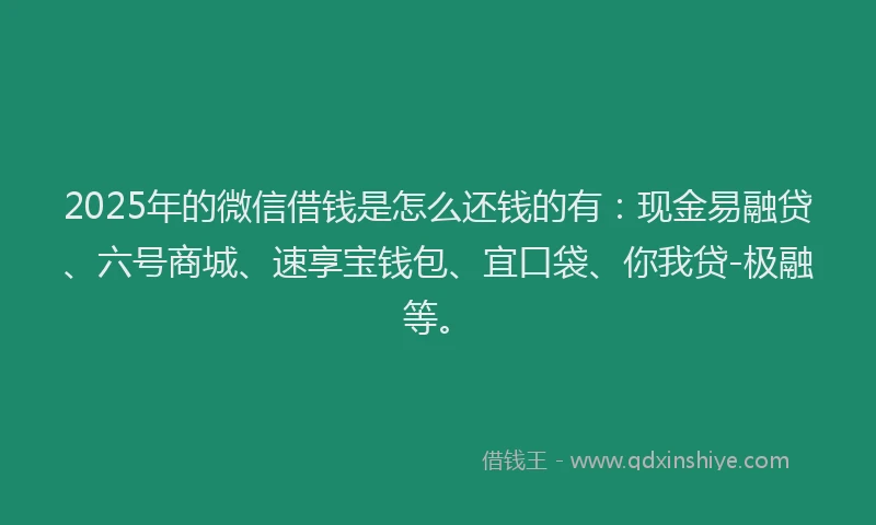2025年的微信借钱是怎么还钱的有：现金易融贷、六号商城、速享宝钱包、宜口袋、你我贷-极融等。