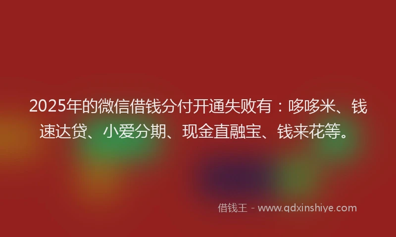 2025年的微信借钱分付开通失败有：哆哆米、钱速达贷、小爱分期、现金直融宝、钱来花等。