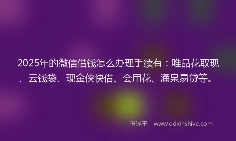 2025年的微信借钱怎么办理手续有：唯品花取现、云钱袋、现金侠快借、会用花、涌泉易贷等。