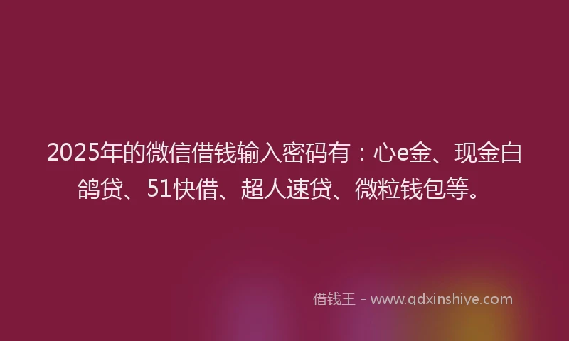 2025年的微信借钱输入密码有：心e金、现金白鸽贷、51快借、超人速贷、微粒钱包等。