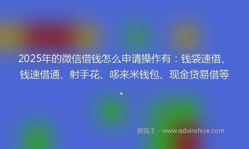 2025年的微信借钱怎么申请操作有：钱袋速借、钱速借通、射手花、哆来米钱包、现金贷易借等。
