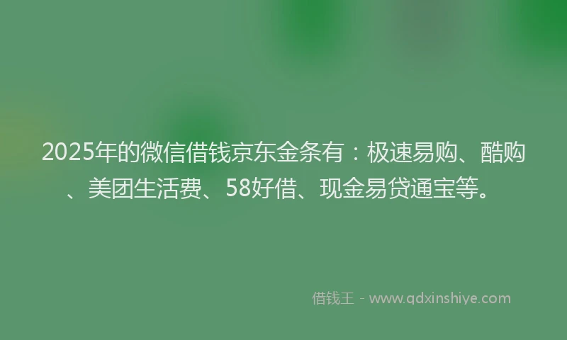 2025年的微信借钱京东金条有：极速易购、酷购、美团生活费、58好借、现金易贷通宝等。