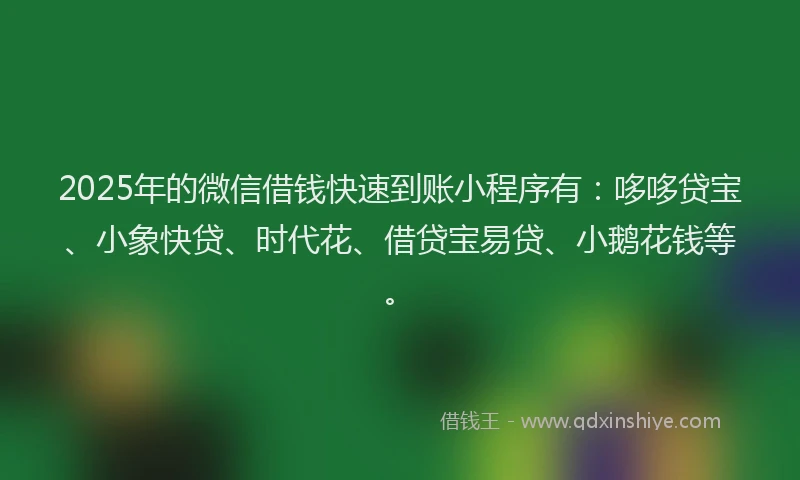 2025年的微信借钱快速到账小程序有：哆哆贷宝、小象快贷、时代花、借贷宝易贷、小鹅花钱等。