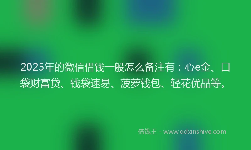 2025年的微信借钱一般怎么备注有：心e金、口袋财富贷、钱袋速易、菠萝钱包、轻花优品等。