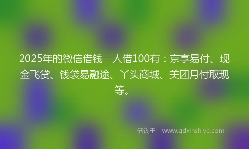 2025年的微信借钱一人借100有：京享易付、现金飞贷、钱袋易融途、丫头商城、美团月付取现等。