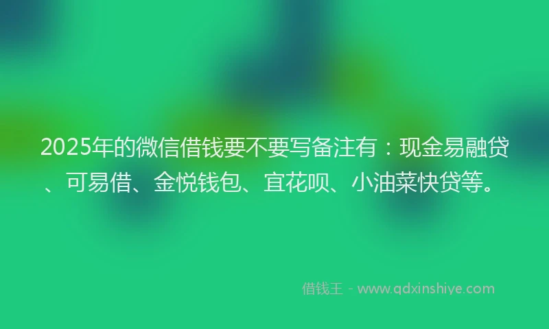 2025年的微信借钱要不要写备注有：现金易融贷、可易借、金悦钱包、宜花呗、小油菜快贷等。