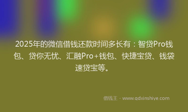 2025年的微信借钱还款时间多长有：智贷Pro钱包、贷你无忧、汇融Pro+钱包、快捷宝贷、钱袋速贷宝等。