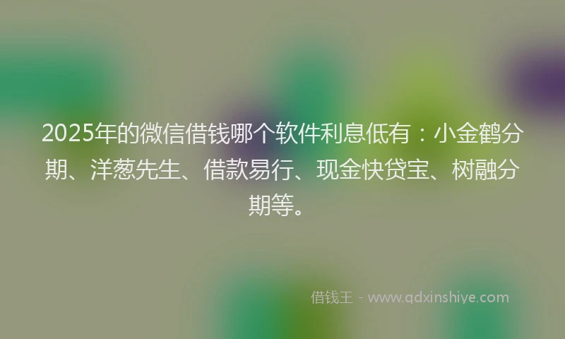 2025年的微信借钱哪个软件利息低有：小金鹤分期、洋葱先生、借款易行、现金快贷宝、树融分期等。