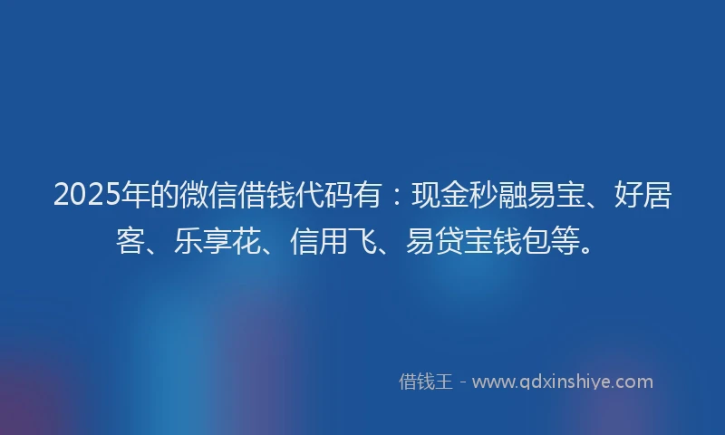 2025年的微信借钱代码有：现金秒融易宝、好居客、乐享花、信用飞、易贷宝钱包等。
