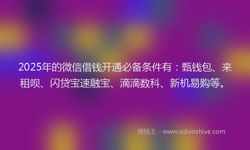 2025年的微信借钱开通必备条件有：甄钱包、来租呗、闪贷宝速融宝、滴滴数科、新机易购等。