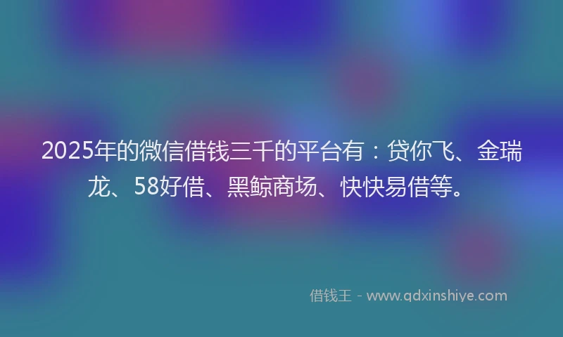 2025年的微信借钱三千的平台有：贷你飞、金瑞龙、58好借、黑鲸商场、快快易借等。