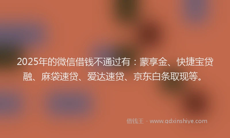 2025年的微信借钱不通过有：蒙享金、快捷宝贷融、麻袋速贷、爱达速贷、京东白条取现等。