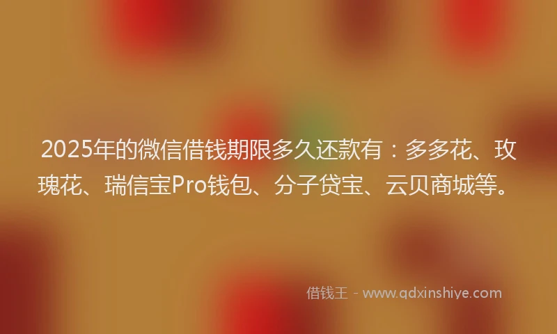 2025年的微信借钱期限多久还款有：多多花、玫瑰花、瑞信宝Pro钱包、分子贷宝、云贝商城等。