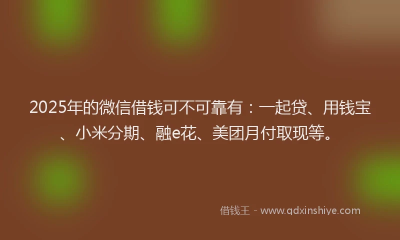 2025年的微信借钱可不可靠有：一起贷、用钱宝、小米分期、融e花、美团月付取现等。