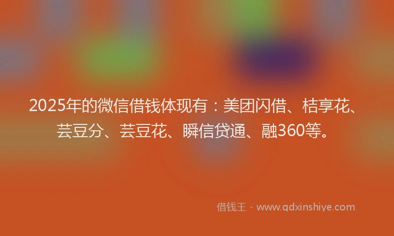 2025年的微信借钱体现有：美团闪借、桔享花、芸豆分、芸豆花、瞬信贷通、融360等。