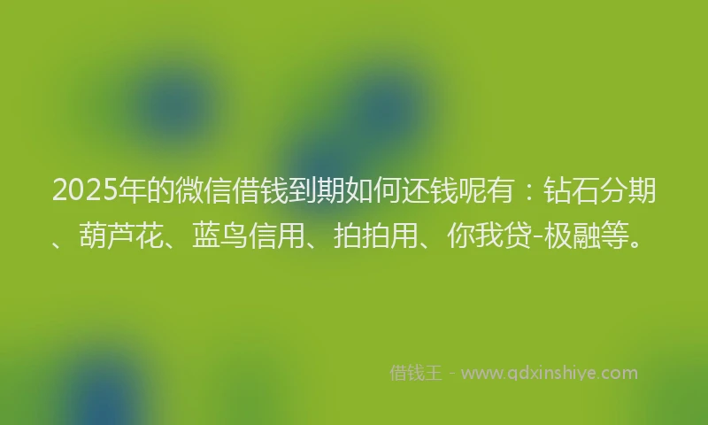 2025年的微信借钱到期如何还钱呢有：钻石分期、葫芦花、蓝鸟信用、拍拍用、你我贷-极融等。