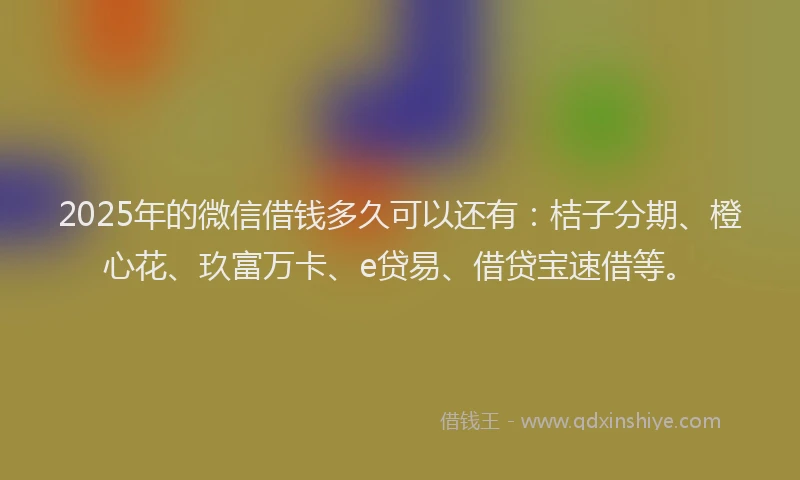 2025年的微信借钱多久可以还有：桔子分期、橙心花、玖富万卡、e贷易、借贷宝速借等。